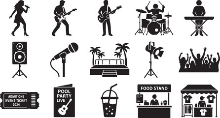 Naklejka premium Set of black silhouette representing a music festival, featuring performers, musical instruments, stage equipment, a cheering crowd, event tickets, food stands, and merchandise stalls