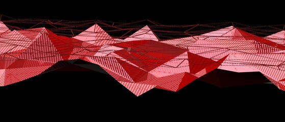 A striking abstract digital artwork featuring a dynamic red geometric landscape with intricate wiref © vegefox.com