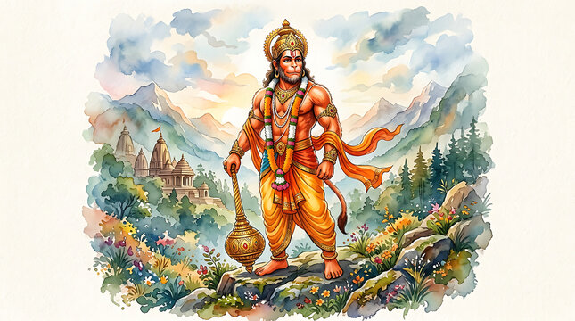 Vibrant artistic depiction of a heroic mythological figure standing amidst a lush natural landscape with distant temples and