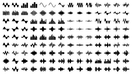 Fototapeta premium Audio Waveforms Collection with Various Sound Patterns and Shapes in Black Featuring Waveform, Noise, Signal with Frequency