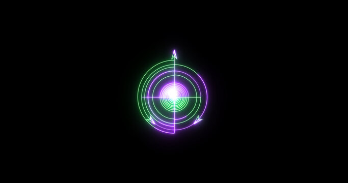 Neon Target Crosshair Icon Animation on Black Background, Glowing Aim Reticle Symbol, Radar Target UI Element, Seamless Loop 4K Motion Graphics.