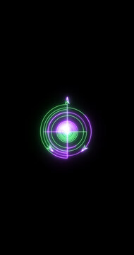 Vertical Neon Target Crosshair Animation, Glowing Radar Aim Reticle Icon on Black Background, Futuristic Targeting UI Symbol, Seamless Loop 4K.