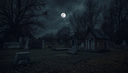 Mysterious Cemetery Landscape Under Full Moonlight in Dark Atmosphere © AbstractAI