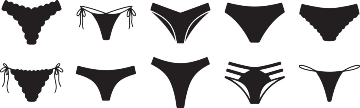 Black bikini bottoms and thongs flat illustrations