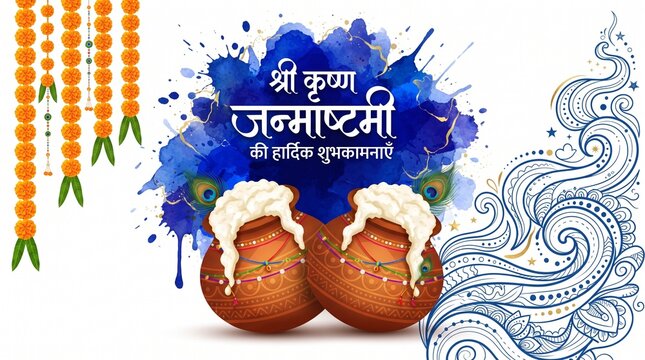 Celebrating happy Janmashtami festival of India with llustration of Lord Krishna and dahi handi competition with text in Hindi meaning 'Krishan Janmashtami'- vector ..