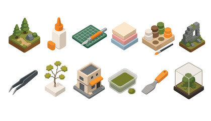 Isometric illustration of gardening and crafting tools and plants. © mbg.studio