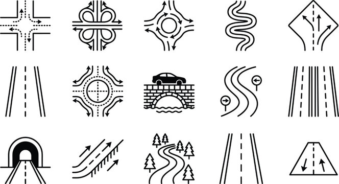 Road and highway traffic icon set vector line illustration for navigation map transport infrastructure direction logistics design element