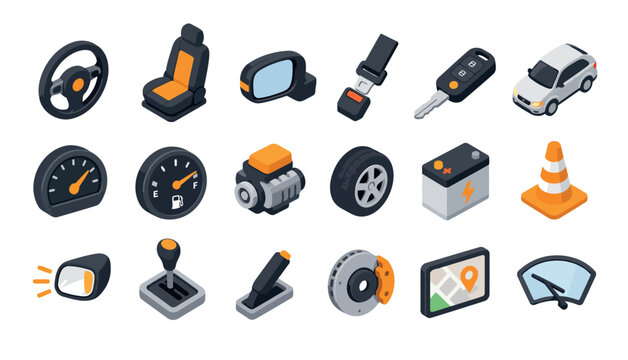 Flat design car parts and accessories icons set.