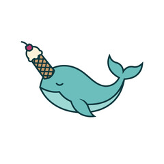Cute narwhal with ice cream cone horn. Funny sea animal illustration for kids design. © bubuk_mesiu
