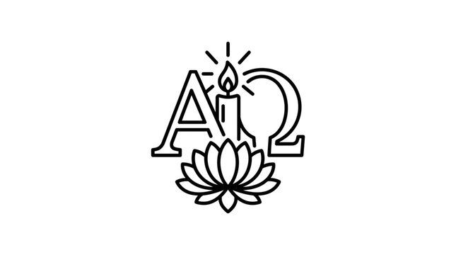 Minimalist line art logo featuring an alpha and omega symbol with a candle and lotus flower.