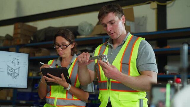 Caucasian engineer analyzes blueprint&mdash;factory layout, computer, project planning, technical details, corporate workplace review.
