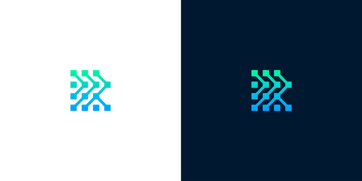 Abstract technology circuit logo symbol with connected nodes arrow for digital business data science and cyber security identity