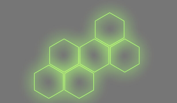 Cyber green neon hexagon cluster structure with glowing technology honeycomb cells on transparent background