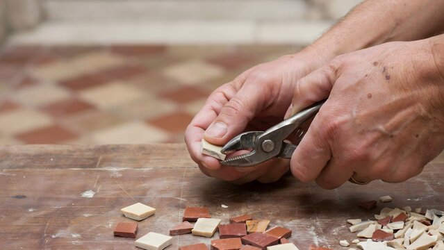 Elderly Hand Using Nippers to Break Ceramic Tiles Over Wooden Work Surface