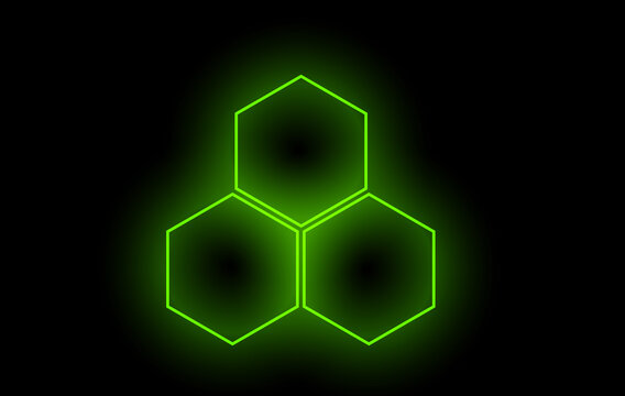 Green neon glowing hexagon honeycomb cells group abstract vector background