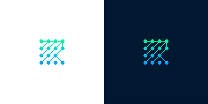 Abstract geometric tech logo representing a connected grid network for data and digital communication systems in cyan and green colors
