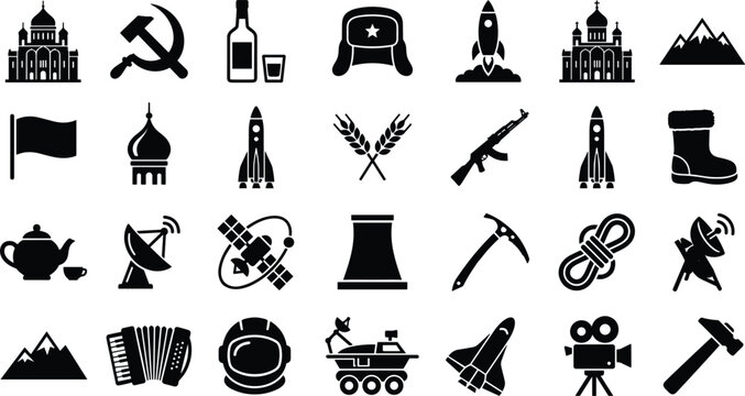 Russian culture and space exploration icon collection featuring orthodox church rocket hammer sickle ushanka vodka space rover and traditional elements