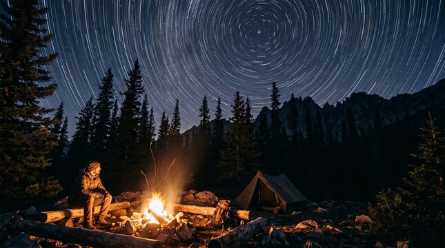 Solitary camper sitting by a glowing campfire under a mesmerizing circular star trail night sky