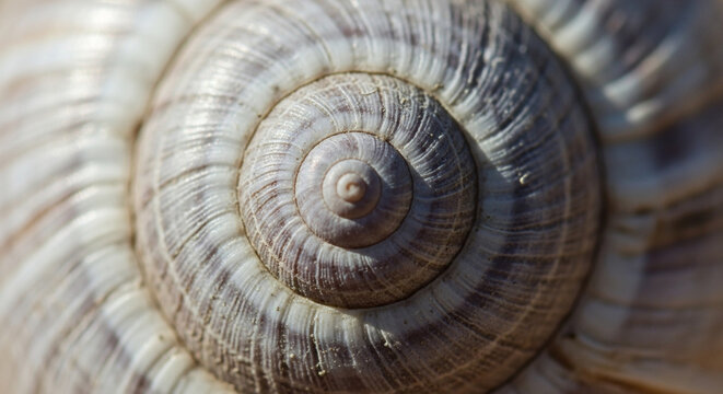 Macro abstract texture of a spiral snail shell, natural pattern, close-up view