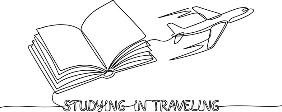 Minimalist continuous one line art of an open textbook with a soaring airplane silhouette above it, representing the concept of education, global travel, aviation study, and imaginative journey.