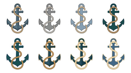 Ship anchors with rope vector illustrations in varying color schemes © alimur rahman