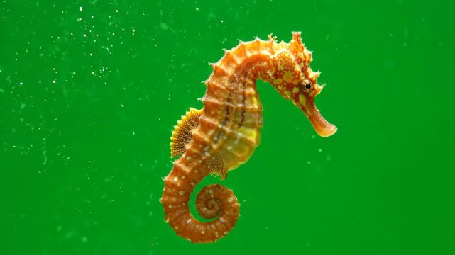 Detailed seahorse swimming gracefully in place with rhythmic fin movements and tail curling on a bright green screen background