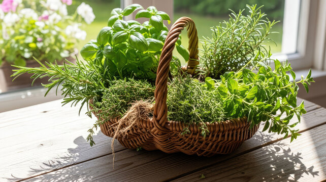 A wicker basket  with fresh basil, rosemary and parsley sits on a rustic wooden table by a sunny window. Home cooking, gardening, freshness and natural ingredients concept.