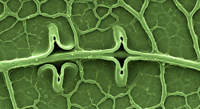 SEM of plant leaf stomata showing pores for gas exchange, green veins