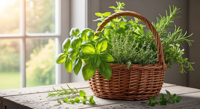A wicker basket  with fresh basil, rosemary and parsley sits on a rustic wooden table by a sunny window. Home cooking, gardening, freshness and natural ingredients concept.