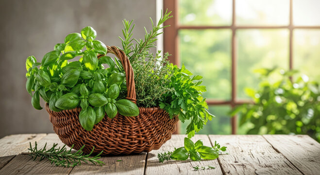 A wicker basket  with fresh basil, rosemary and parsley sits on a rustic wooden table by a sunny window. Home cooking, gardening, freshness and natural ingredients concept.
