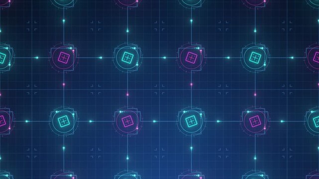 Cybernetic Mainframe Schematic Motion Background with Digital Circuit Board Tracks and Rotating Data Nodes. Futuristic Tech Blueprints in Cyan and Magenta Loop