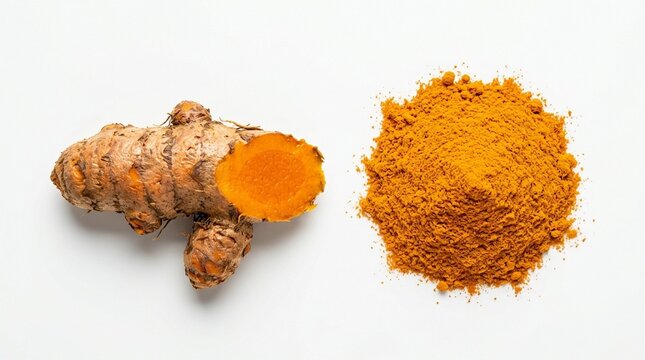 Fresh turmeric root and turmeric powder isolated on white background