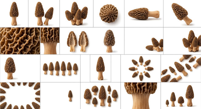 Fresh Morel Mushrooms Collection Isolated on White Background