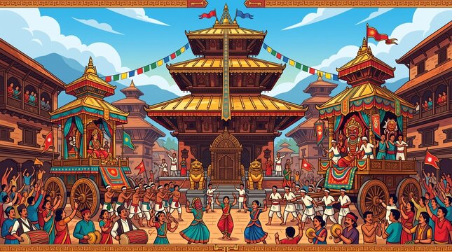 Indra Jatra Festival Celebration in Nepal: Traditional Chariots and Pagoda Temple