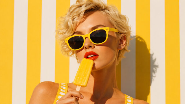 A stylish blonde woman in yellow sunglasses enjoys a popsicle against a striped background.