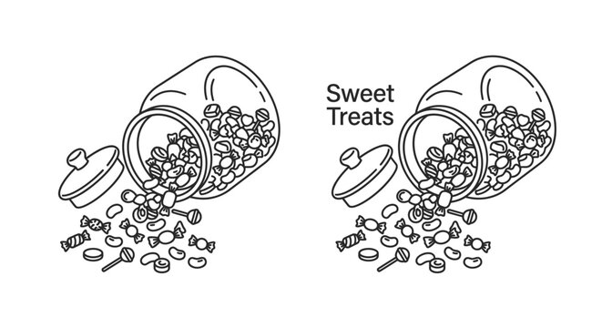 Two line art illustrations of glass jars filled with assorted candies and sweets.