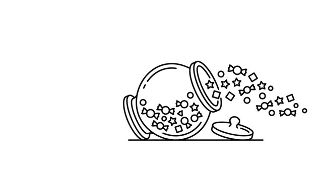 A black and white line art illustration of a tipped over candy jar spilling sweets.