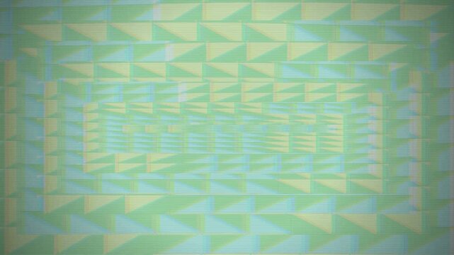 Abstract green geometric background with flickering triangles and scanline glitch effects.