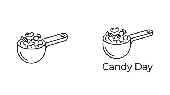 Line art illustration of a scoop filled with various candies for Candy Day.