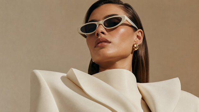 A sophisticated woman in an ivory architectural outfit wears narrow sunglasses against a warm beige background.