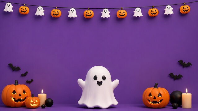 Two cute ghosts with lollipops sit among glowing pumpkins and spiderweb decorations on a purple background.