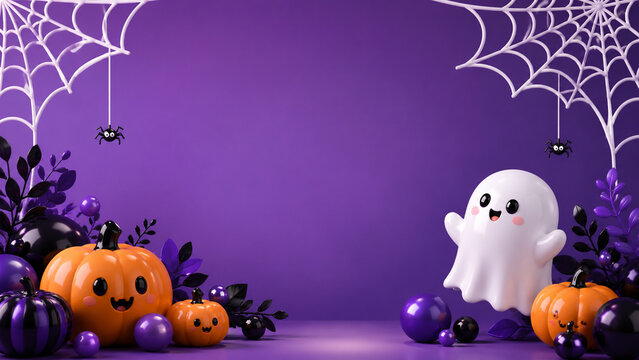 Two cute ghosts with lollipops sit among glowing pumpkins and spiderweb decorations on a purple background.
