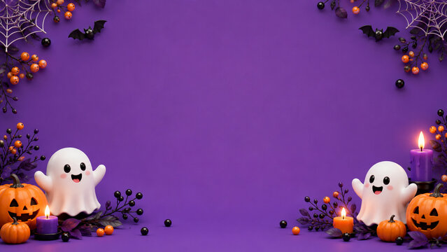 Two cute ghosts with lollipops sit among glowing pumpkins and spiderweb decorations on a purple background.