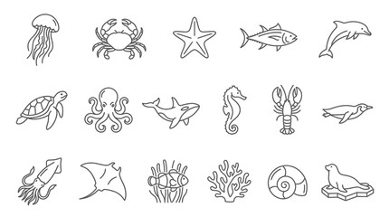 Obraz premium Set of diverse ocean life line icons featuring sea creatures like jellyfish, crab, starfish, dolphin, turtle, octopus, whale, seahorse, lobster, penguin, squid, stingray, and clownfish
