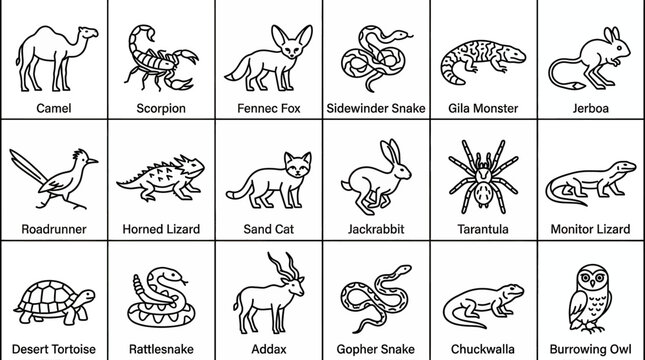 Collection of various desert animals including camel, scorpion, fennec fox, rattlesnake, and horned lizard in simple black and white line art icons isolated on white background