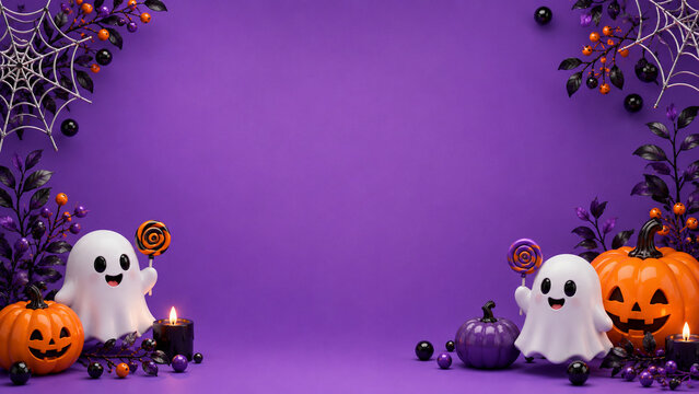 Two cute ghosts with lollipops sit among glowing pumpkins and spiderweb decorations on a purple background.