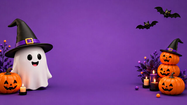 A cute ghost in a witch hat stands among glowing pumpkins and candles on a purple Halloween background.