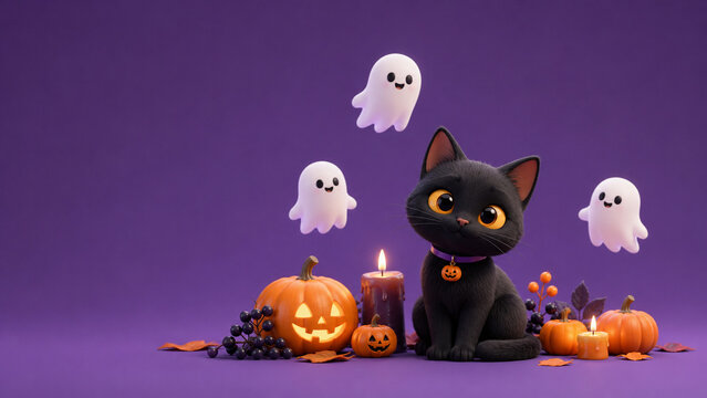 A cute black kitten sits beside glowing pumpkins and festive Halloween decorations on a purple background.