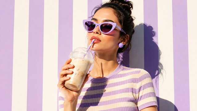 A stylish woman in pink sunglasses sips a creamy drink against a lavender striped background.