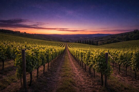 Vineyard Rows Leading to Sunset Overrolling Hills with Starry Sky
